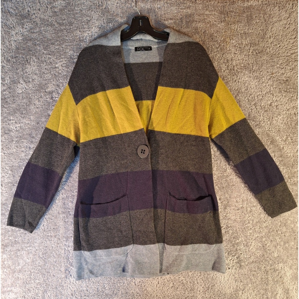 FOIL Striped Longline Cardigan Sweater Womens Medium 100% Moreno Wool Colorful